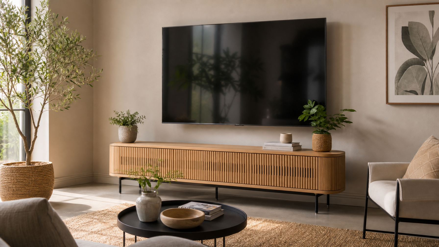 Modern South African living room with a light oak TV stand with slatted cabinet doors and slim metal legs