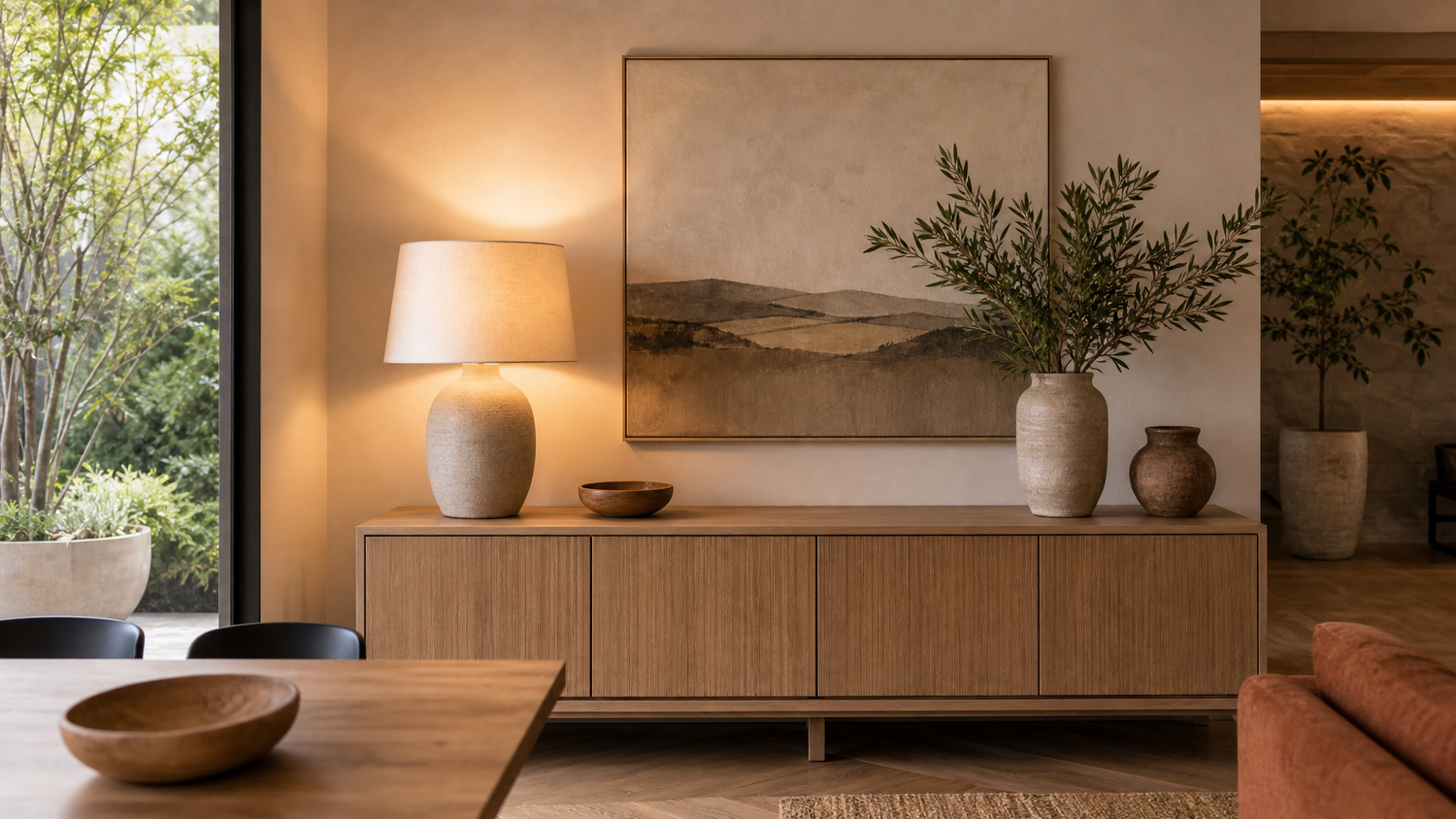 Contemporary wooden sideboard styled in a South African dining room or lounge in 2026