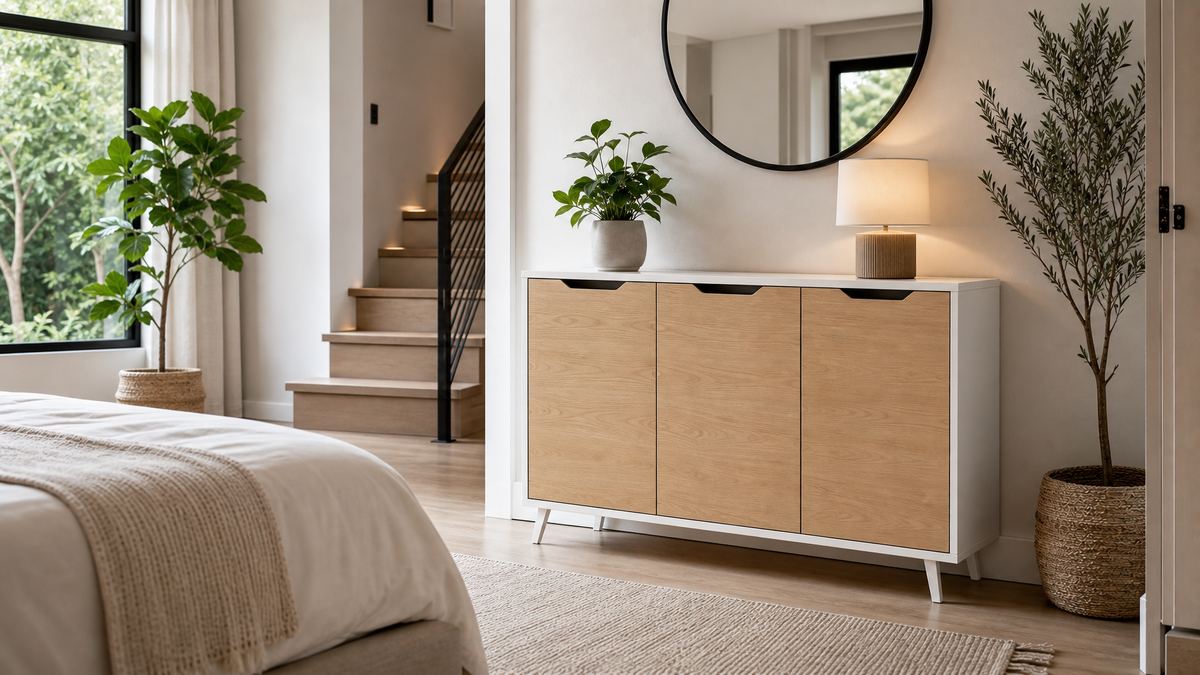 Modern chest of drawers in white and oak finish in a South African bedroom in 2026