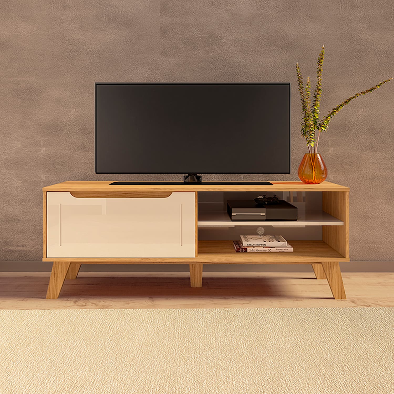Lotus TV Stand Oak Off White - Click Furniture
