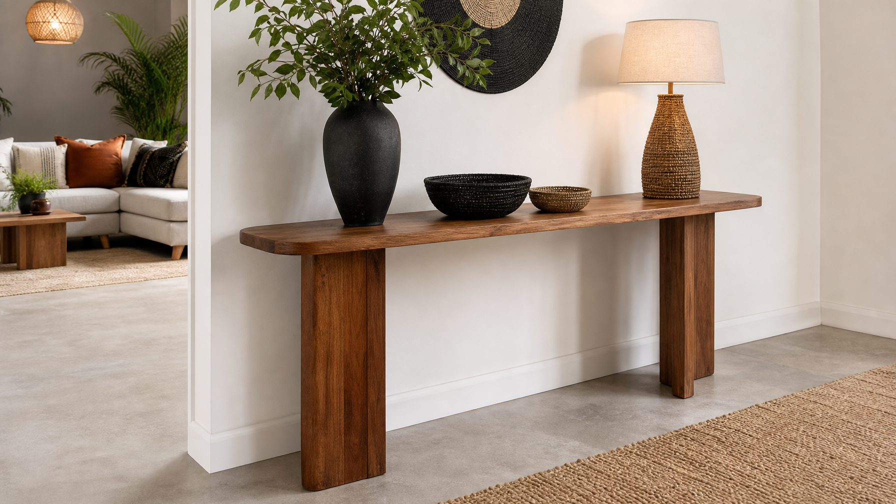 Sleek console table styled in a South African hallway or living room in 2026