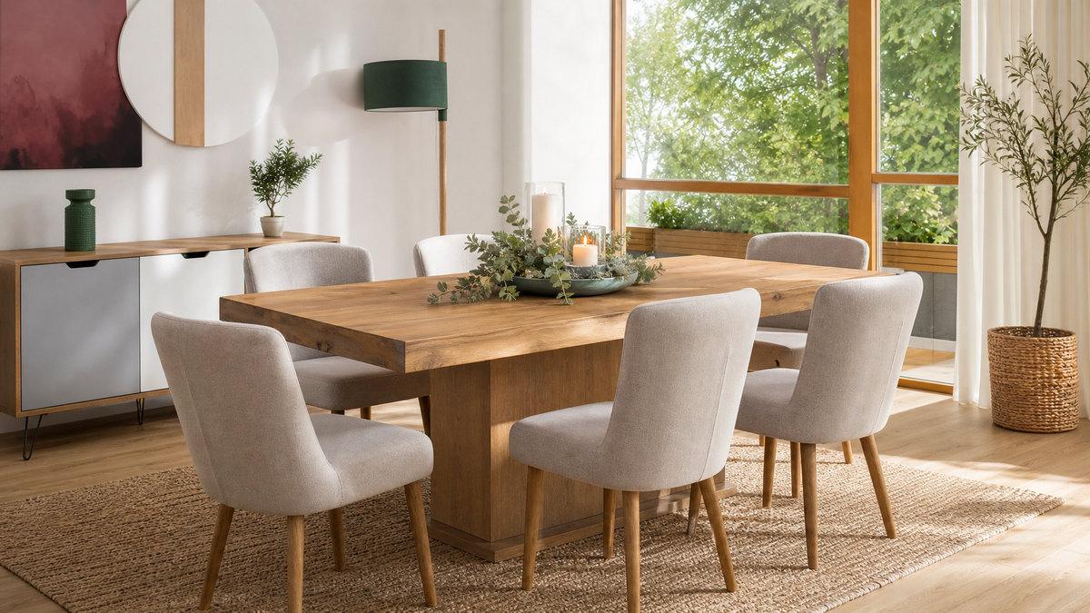 Modern dining room with wooden table and upholstered chairs — dining room furniture South Africa