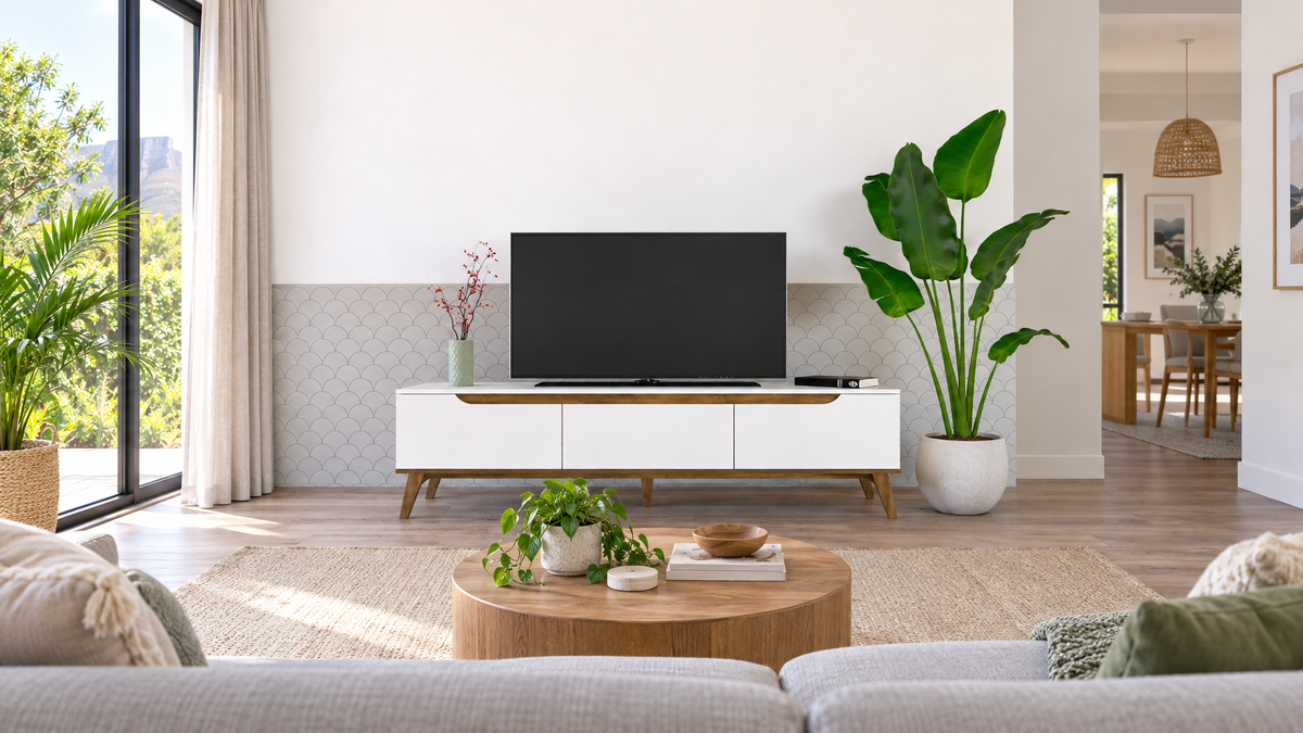White TV stand styled in a bright modern South African living room
