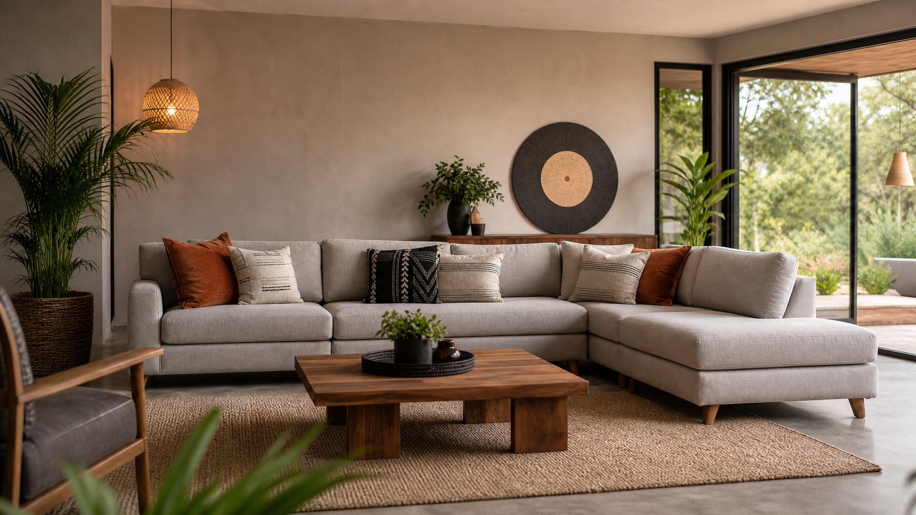Large grey L-shaped corner couch in a modern South African living room in 2026