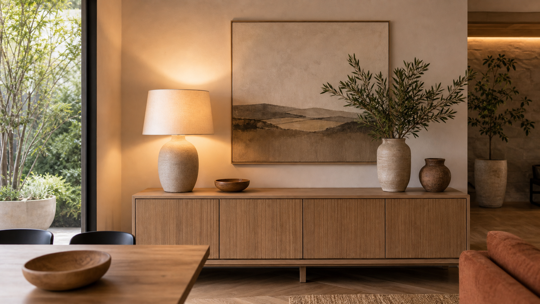 Contemporary wooden sideboard styled in a South African dining room or lounge in 2026